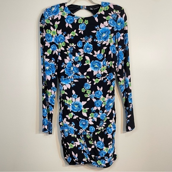 NWT Zara Floral Mini Long Sleeve Open Back Blue Black Dress Size Womens Medium - Picture 2 of 9